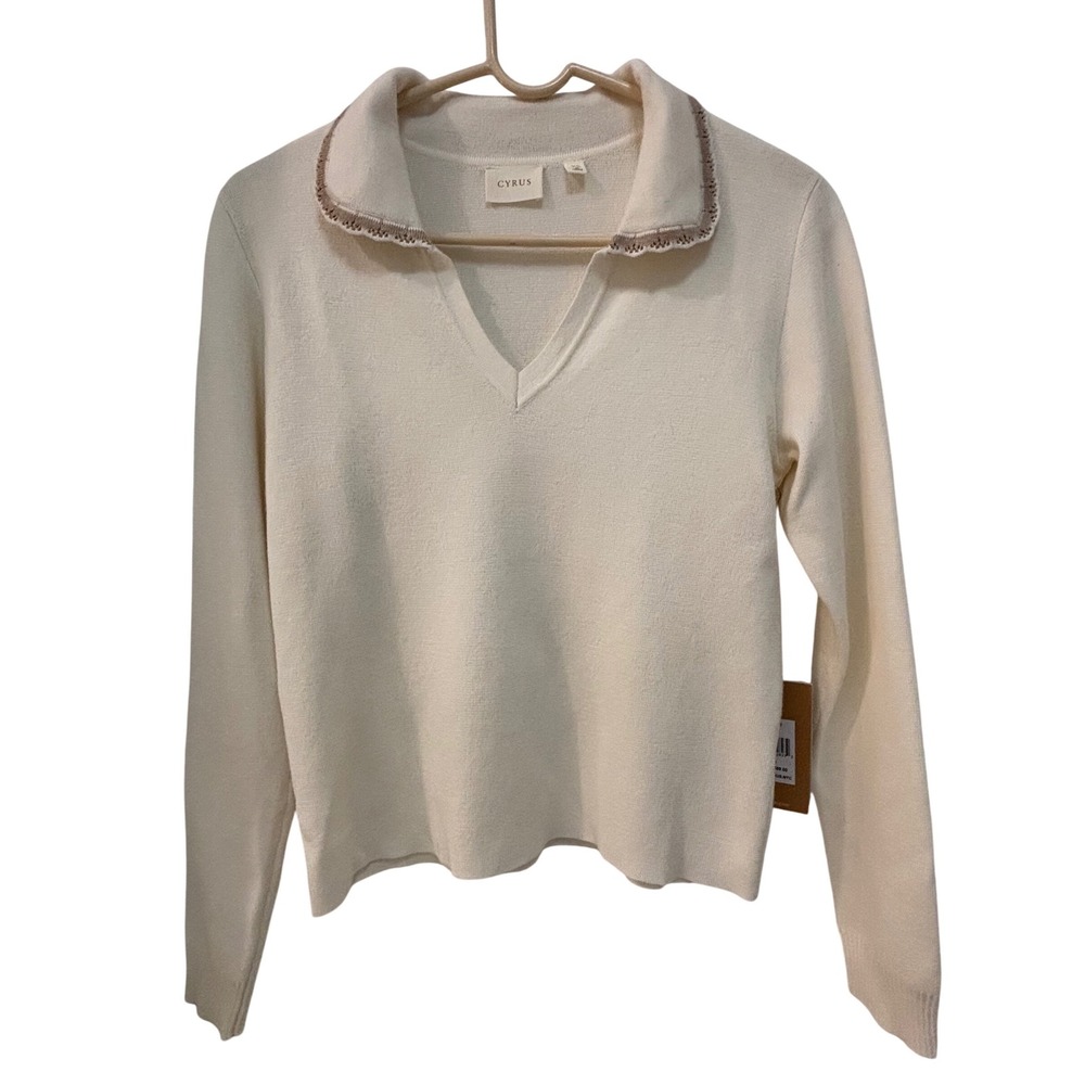 Cyrus Womens Cream Scalloped Trim V-Neck Polo Knit Sweater C082479 NWT XS